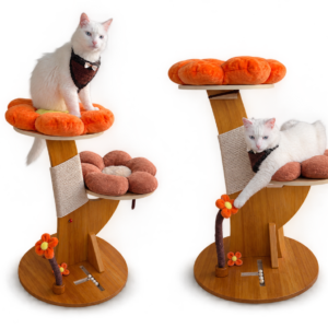 Rascador de madera para gatos diseño floral.