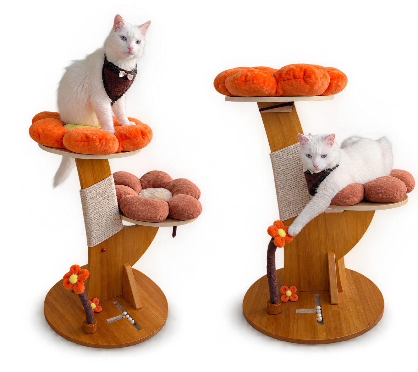Rascador de madera para gatos diseño floral.